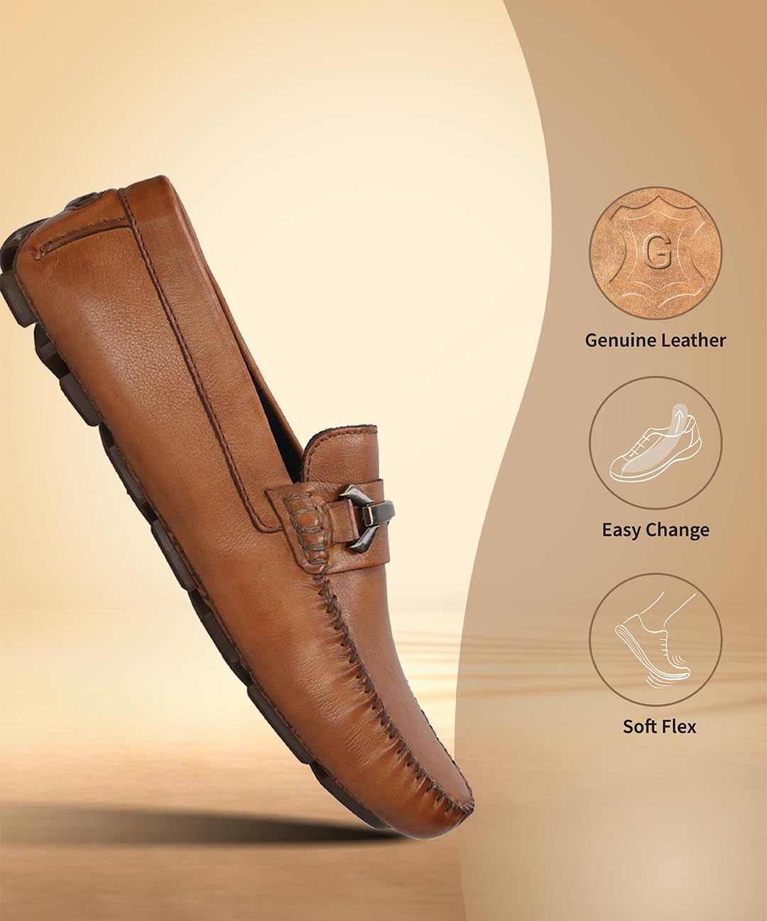 Cognac leather slip-on shoe by bugatti, featuring metal hardware and decorative stitching.