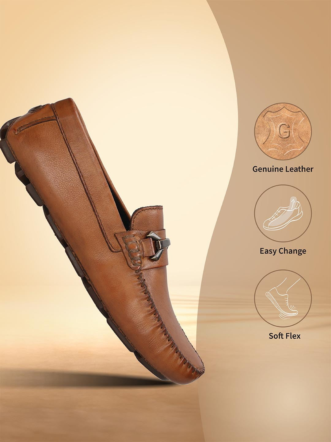 Cognac leather slip-on shoe by bugatti, featuring metal hardware and decorative stitching.