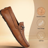 Cognac leather slip-on shoe by bugatti, featuring metal hardware and decorative stitching.