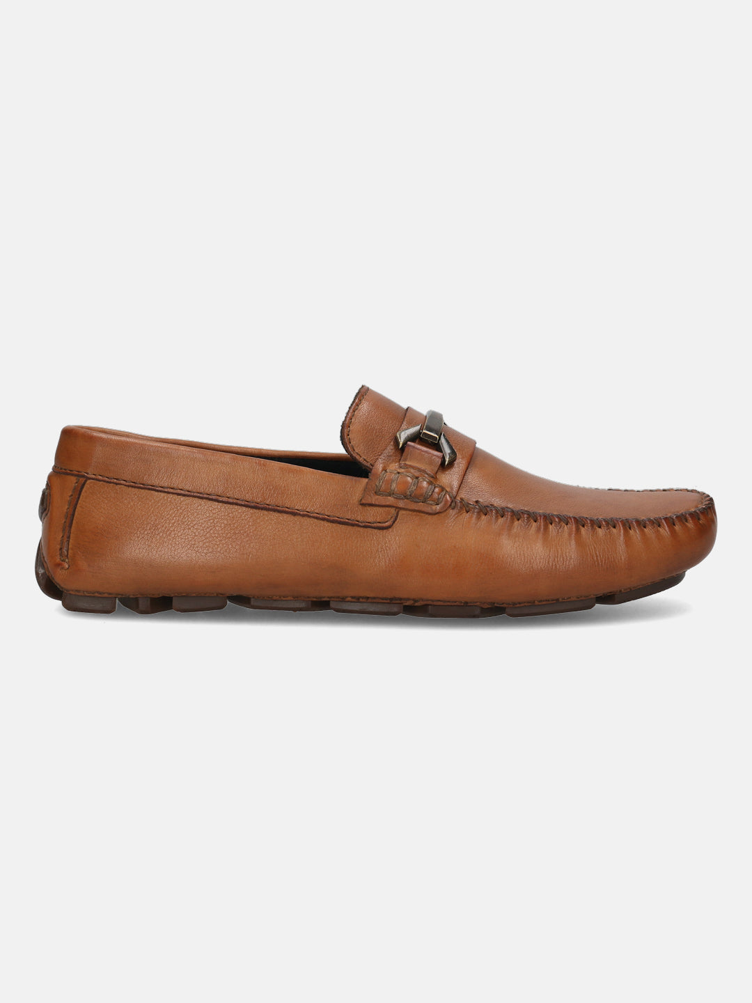 Cognac leather loafer by bugatti, featuring a metal accent, stitched trim, and a driving shoe sole.