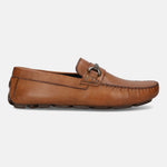 Cognac leather loafer by bugatti, featuring a metal accent, stitched trim, and a driving shoe sole.