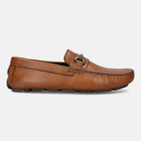 Cognac leather loafer by bugatti, featuring a metal accent, stitched trim, and a driving shoe sole.