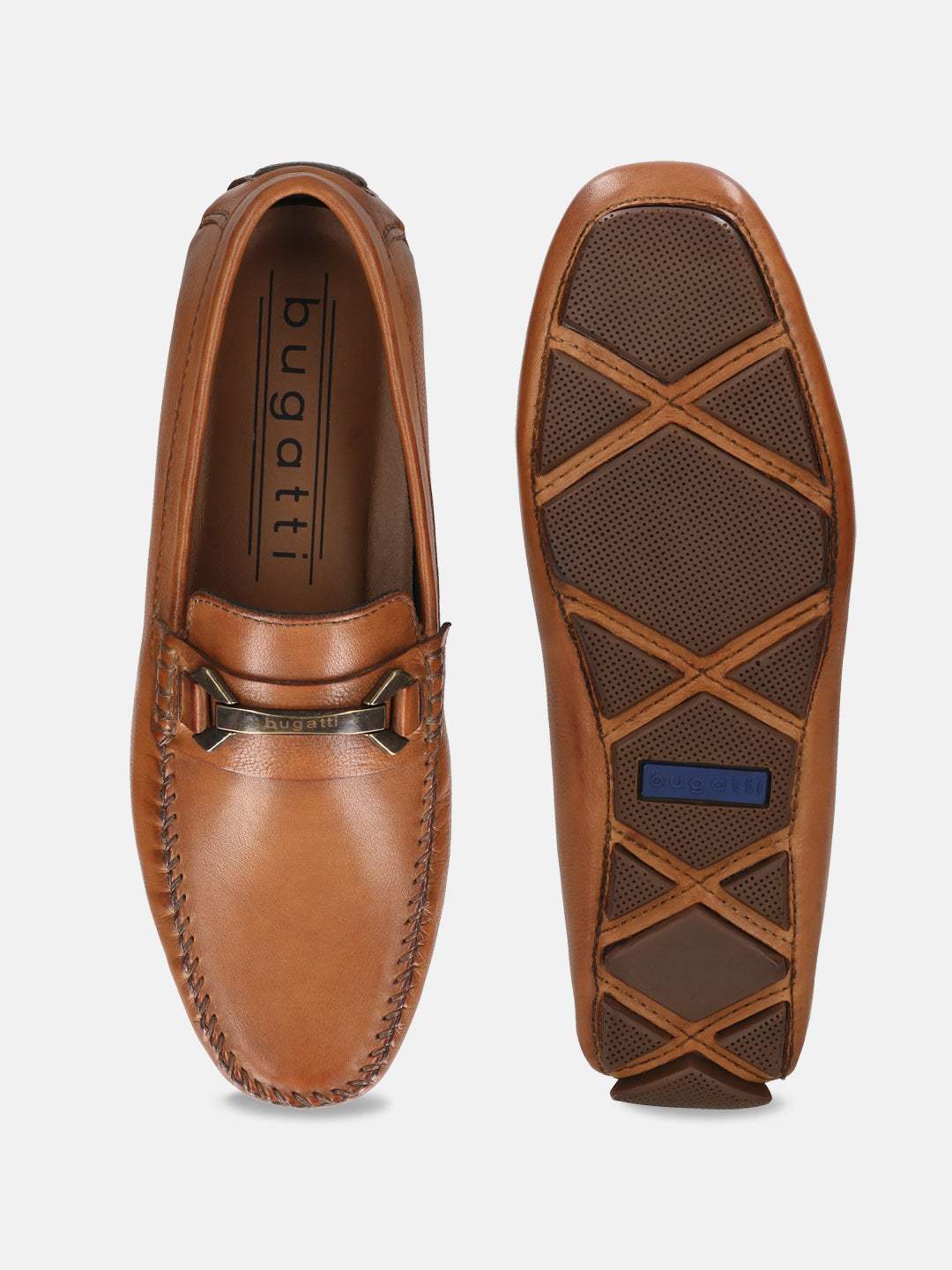 Cognac leather slip-on shoe by bugatti, showing the top and sole with decorative stitching.