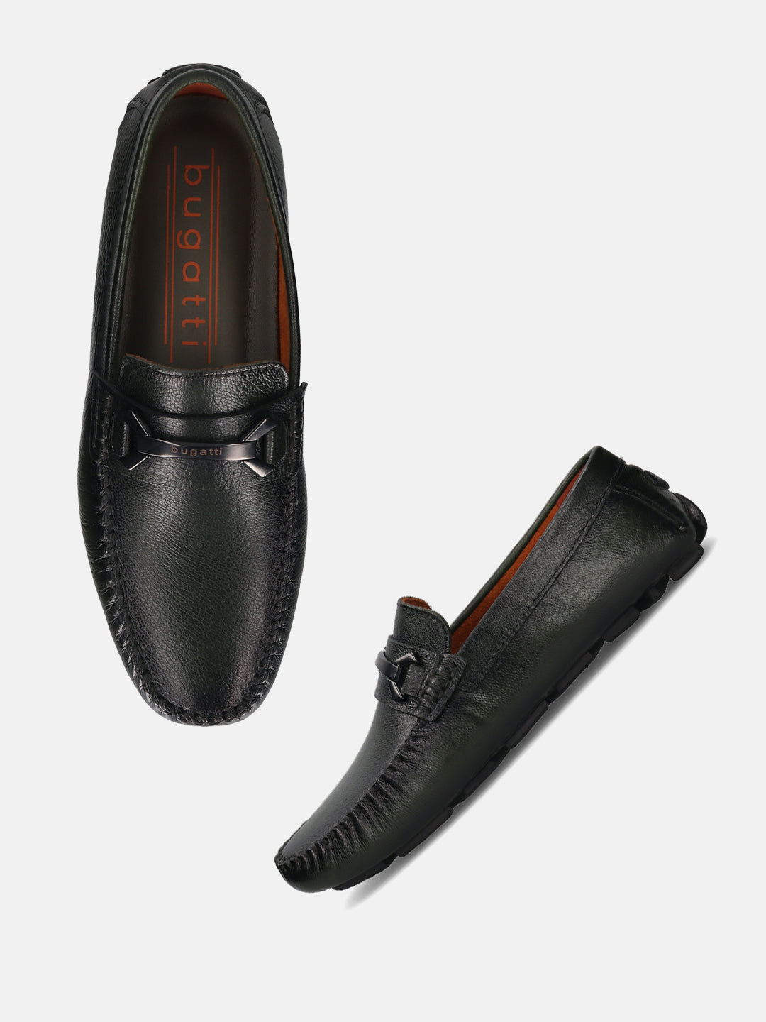 Dark green leather slip-on shoes by Bugatti with a decorative metal detail.