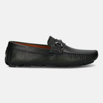 Dark green leather slip-on shoe by bugatti, featuring a metal accent and moccasin stitching detail.