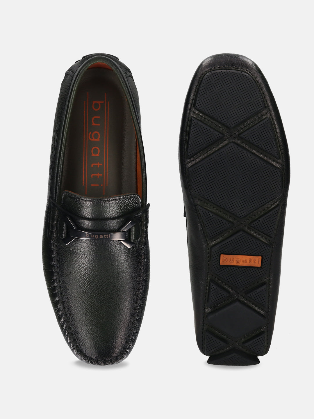 Dark green leather slip-on shoes by bugatti, showing the top and sole with black and orange accents.
