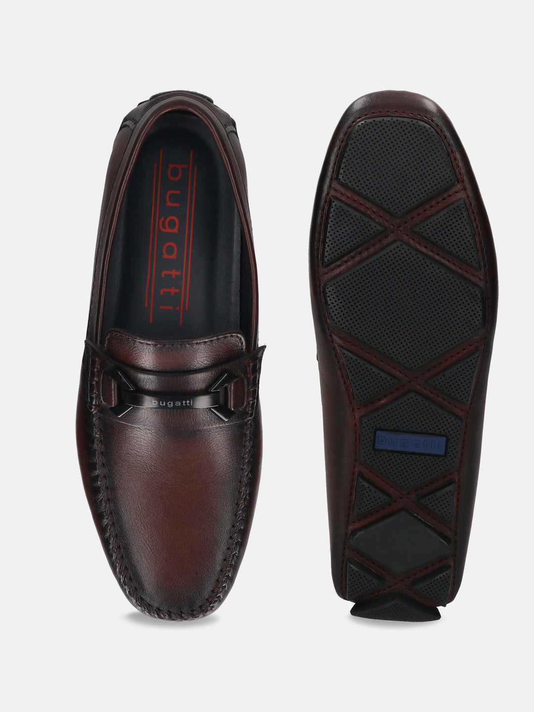 Bordeaux leather slip-on shoes by bugatti with stitched detailing and rubber soles, shown from above and below.