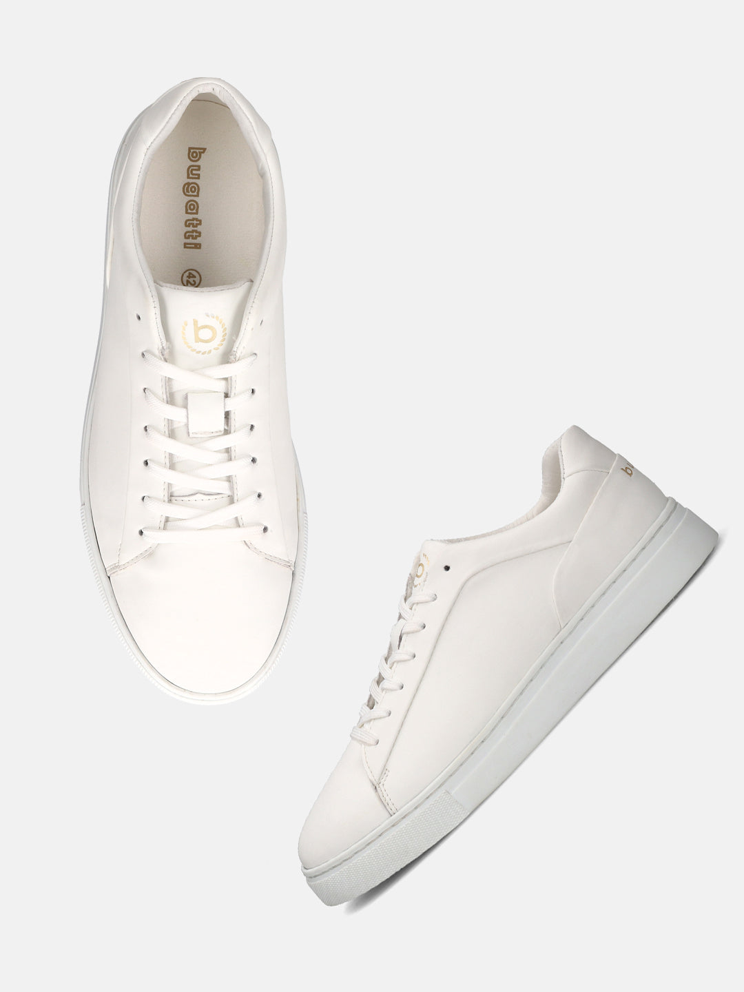 A white Men's bugatti Sneakers featuring a round toe plain toe, zero heels heel. Made from premium genuine leather with a durable tr outsole, this laces design offers both style and comfort.
