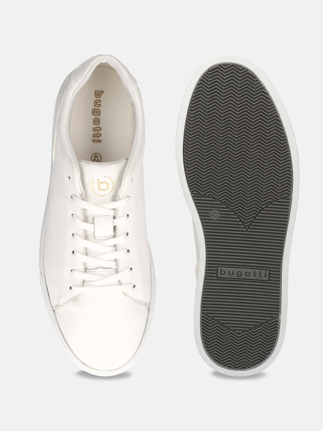 A white Men's bugatti Sneakers featuring a round toe plain toe, zero heels heel. Made from premium genuine leather with a durable tr outsole, this laces design offers both style and comfort.