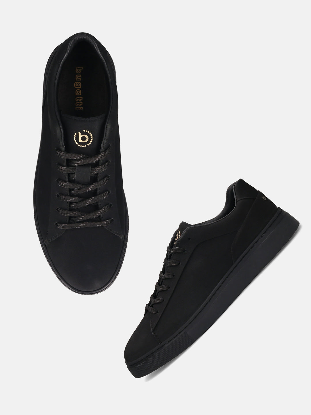 A black Men's bugatti Sneakers featuring a round toe plain toe, zero heels heel. Made from premium genuine leather with a durable tr outsole, this laces design offers both style and comfort.