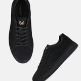 A black Men's bugatti Sneakers featuring a round toe plain toe, zero heels heel. Made from premium genuine leather with a durable tr outsole, this laces design offers both style and comfort.
