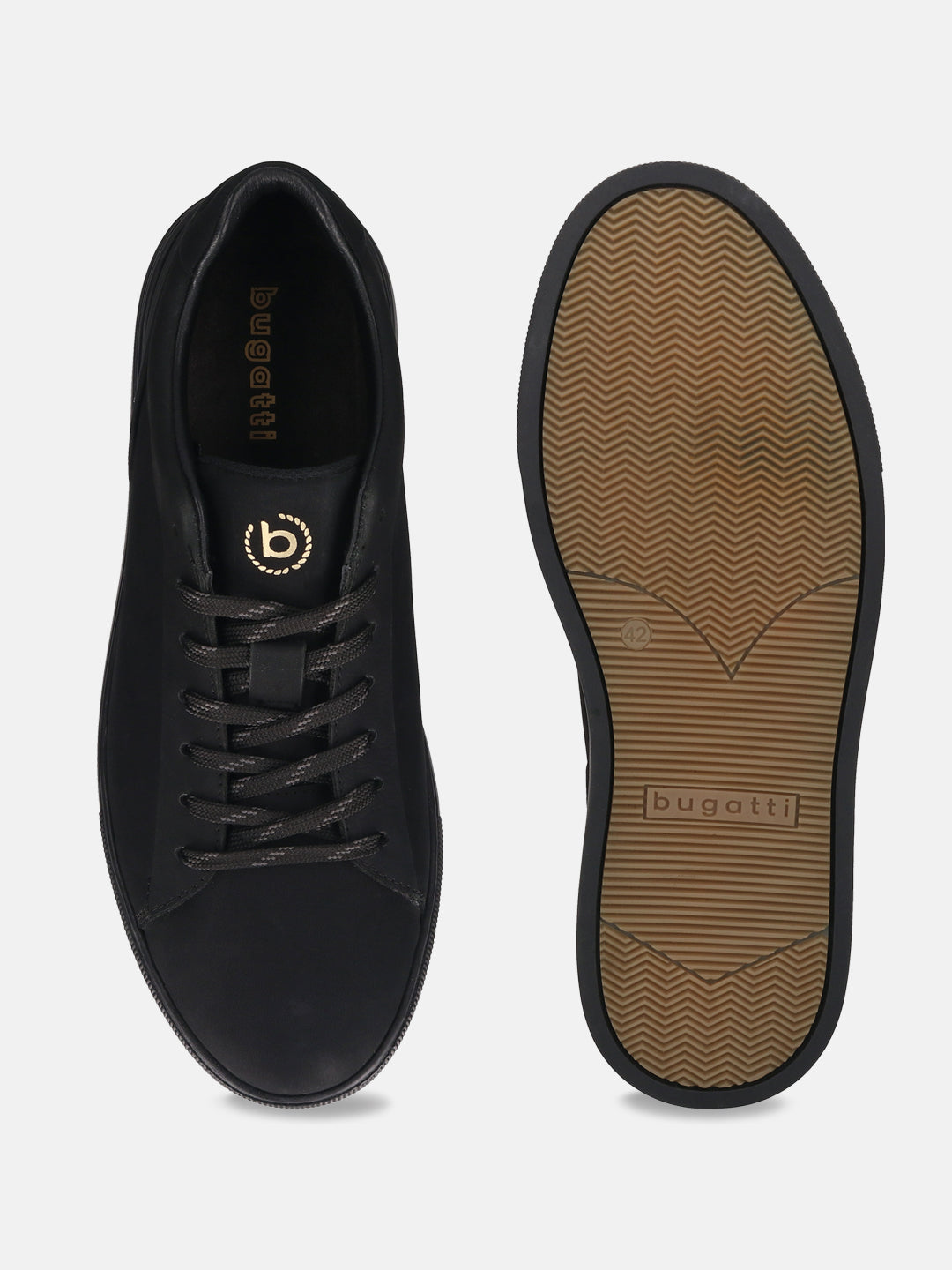 A black Men's bugatti Sneakers featuring a round toe plain toe, zero heels heel. Made from premium genuine leather with a durable tr outsole, this laces design offers both style and comfort.