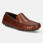 Men's Bugatti drivers cognac leather shoes with a round toe and apron toe , a tpr outsole.
