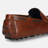 Men's Bugatti drivers cognac leather shoes with a round toe and apron toe , a tpr outsole.