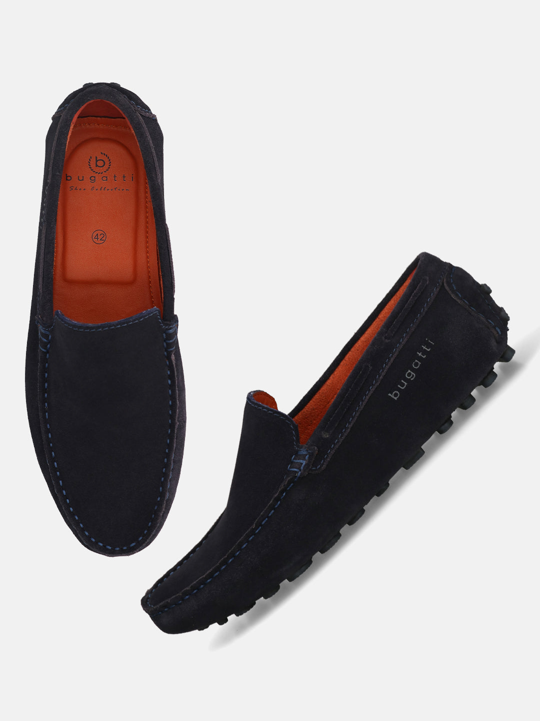 A blue Men's bugatti Drivers featuring a square toe apron toe, zero heels heel. Made from premium genuine leather with a durable pu outsole, this slip-on design offers both style and comfort.
