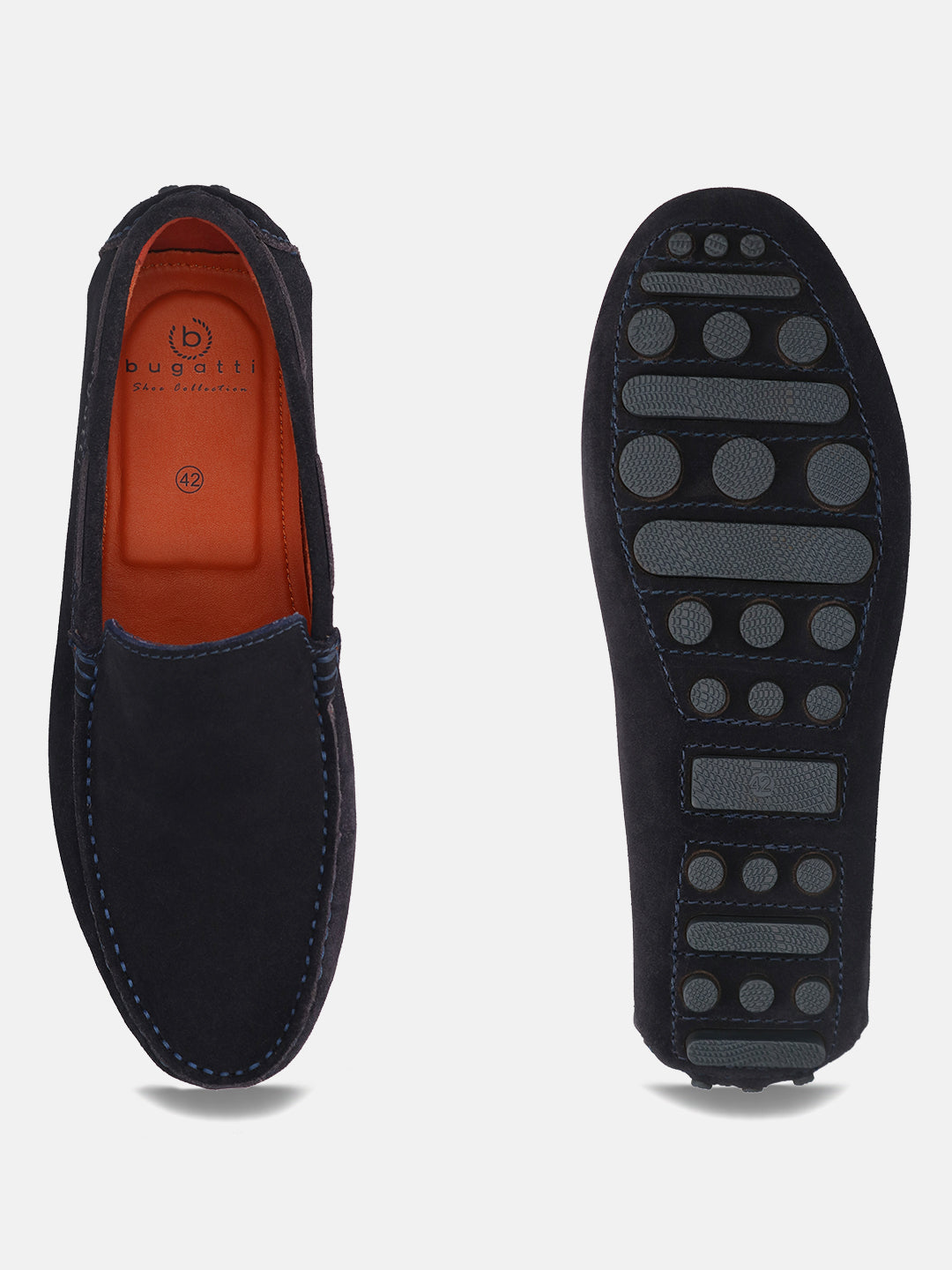 A blue Men's bugatti Drivers featuring a square toe apron toe, zero heels heel. Made from premium genuine leather with a durable pu outsole, this slip-on design offers both style and comfort.