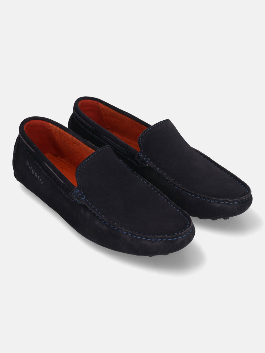 A blue Men's bugatti Drivers featuring a square toe apron toe, zero heels heel. Made from premium genuine leather with a durable pu outsole, this slip-on design offers both style and comfort.