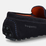 A blue Men's bugatti Drivers featuring a square toe apron toe, zero heels heel. Made from premium genuine leather with a durable pu outsole, this slip-on design offers both style and comfort.