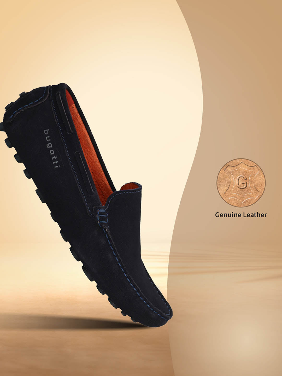 A blue Men's bugatti Drivers featuring a square toe apron toe, zero heels heel. Made from premium genuine leather with a durable pu outsole, this slip-on design offers both style and comfort.