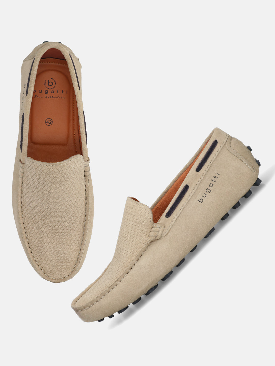 Sand-colored leather slip-on shoes by bugatti, featuring a geometric textured upper and a minimalist design.