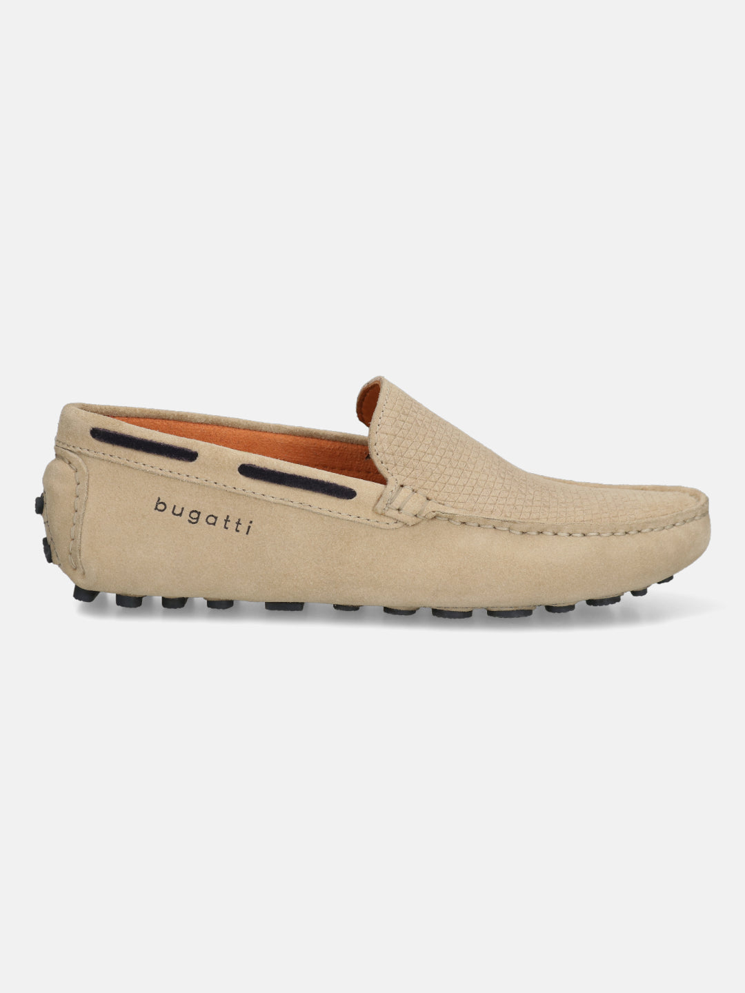 Sand-colored leather moccasin by Bugatti, featuring a textured vamp and a nubbed sole.