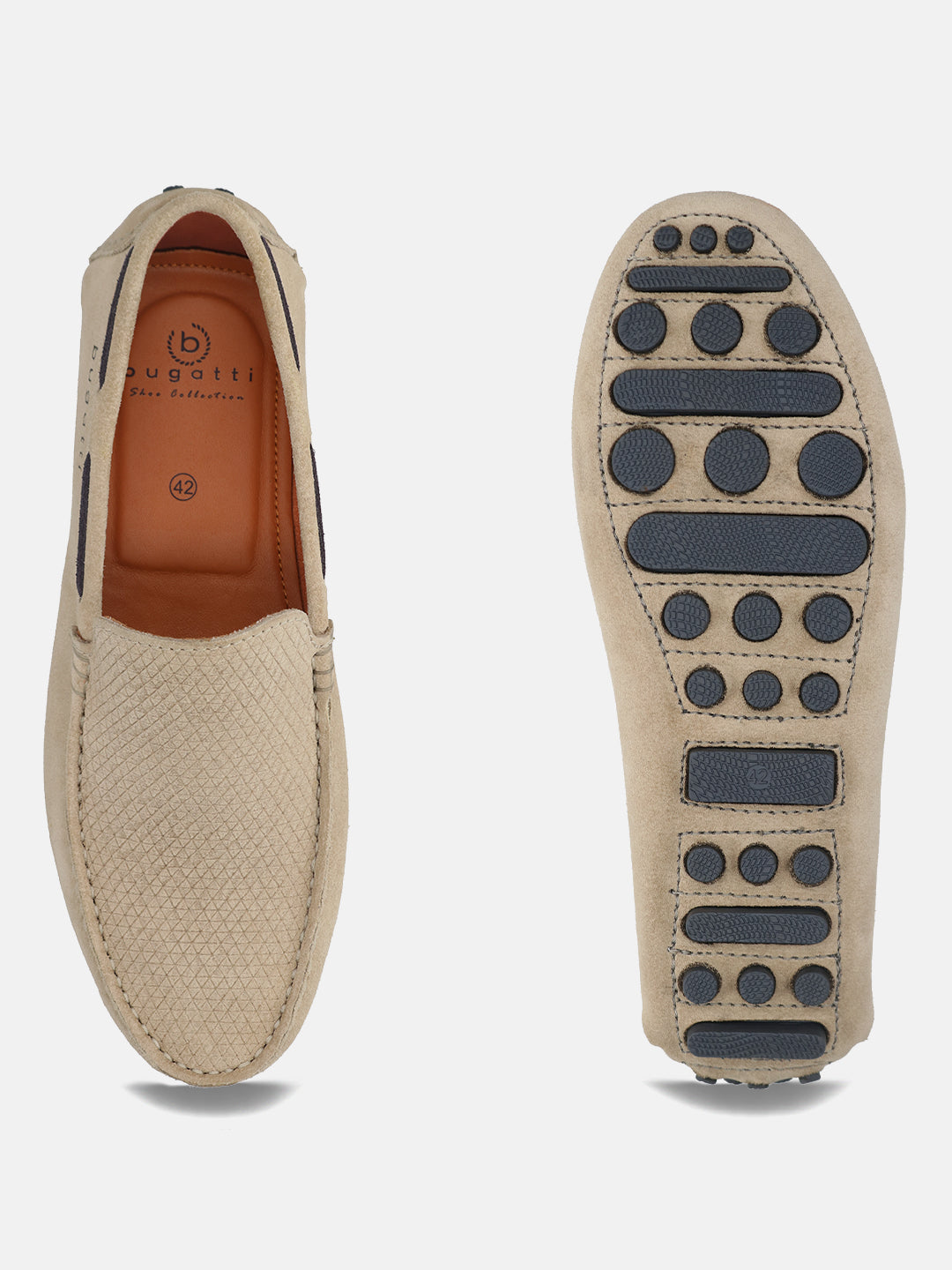 Sand-colored leather slip-on casual shoes by bugatti, featuring textured uppers and patterned outsoles.