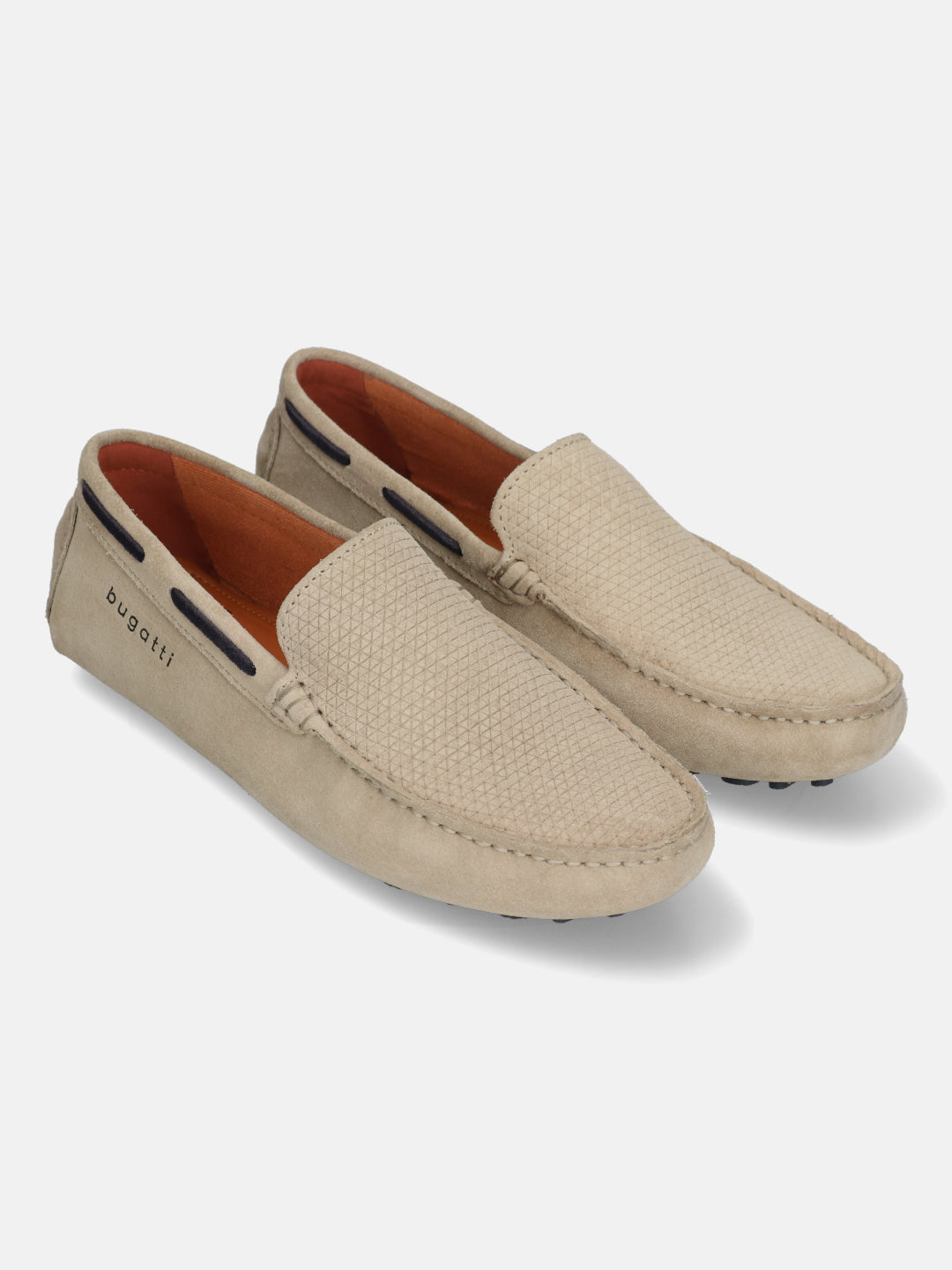 Sand leather slip-on shoes by bugatti, with a subtle woven texture and dark accent stripe.