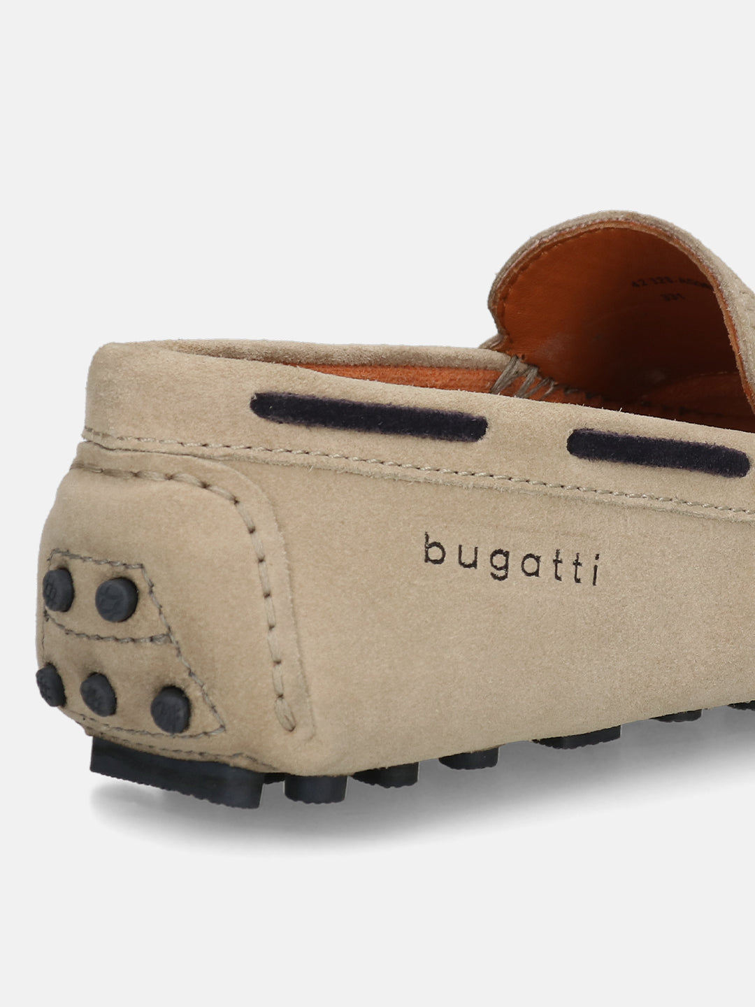 Sand-colored premium leather casual slip-on shoes by bugatti, showing the back and sole with black accents.
