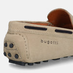 Sand-colored premium leather casual slip-on shoes by bugatti, showing the back and sole with black accents.