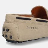 Sand-colored premium leather casual slip-on shoes by bugatti, showing the back and sole with black accents.