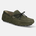 Men's Bugatti drivers green leather shoes with a round toe and apron toe , a tpr outsole.