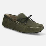 Men's Bugatti drivers green leather shoes with a round toe and apron toe , a tpr outsole.