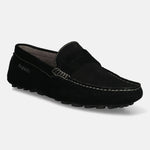 Men's Bugatti drivers black leather shoes with a round toe and apron toe , a tpr outsole.