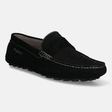 Men's Bugatti drivers black leather shoes with a round toe and apron toe , a tpr outsole.