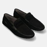 Men's Bugatti drivers black leather shoes with a round toe and apron toe , a tpr outsole.