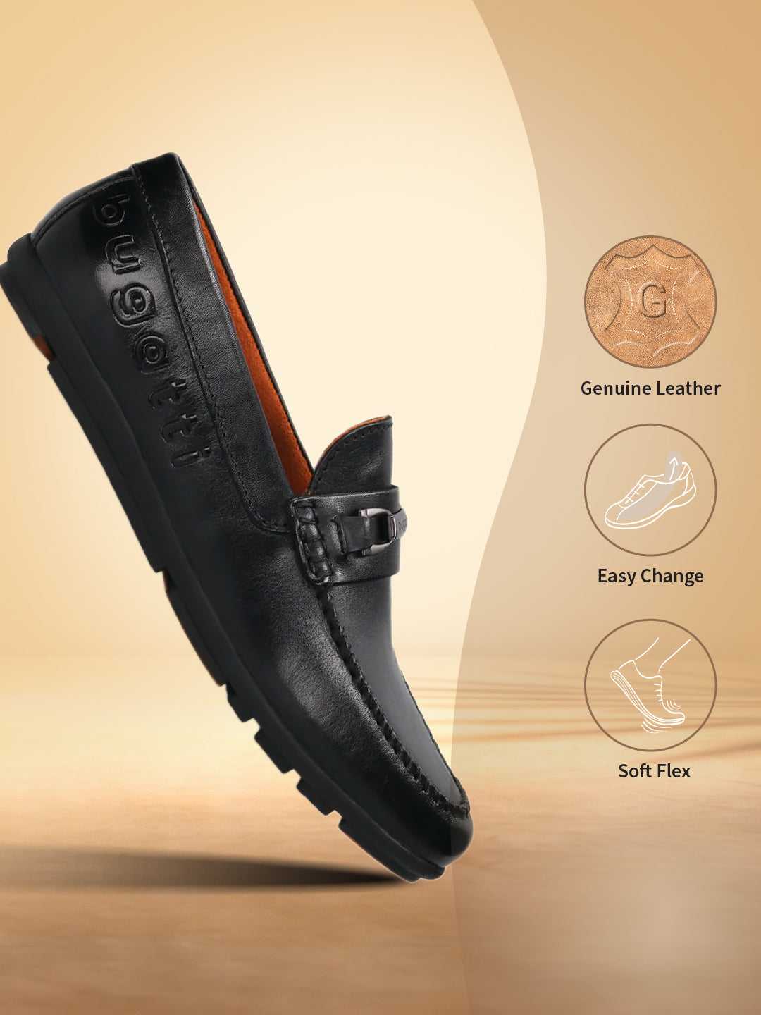 A black Men's bugatti Drivers featuring a round toe apron toe, zero heels heel. Made from premium genuine leather with a durable rubber outsole, this slip-on design offers both style and comfort.
