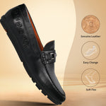 A black Men's bugatti Drivers featuring a round toe apron toe, zero heels heel. Made from premium genuine leather with a durable rubber outsole, this slip-on design offers both style and comfort.