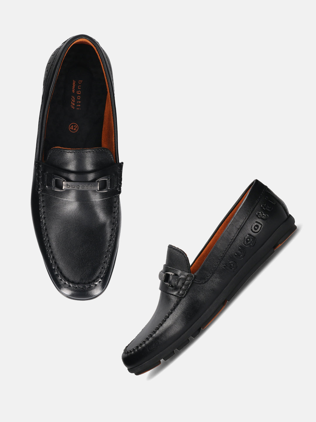 A black Men's bugatti Drivers featuring a round toe apron toe, zero heels heel. Made from premium genuine leather with a durable rubber outsole, this slip-on design offers both style and comfort.