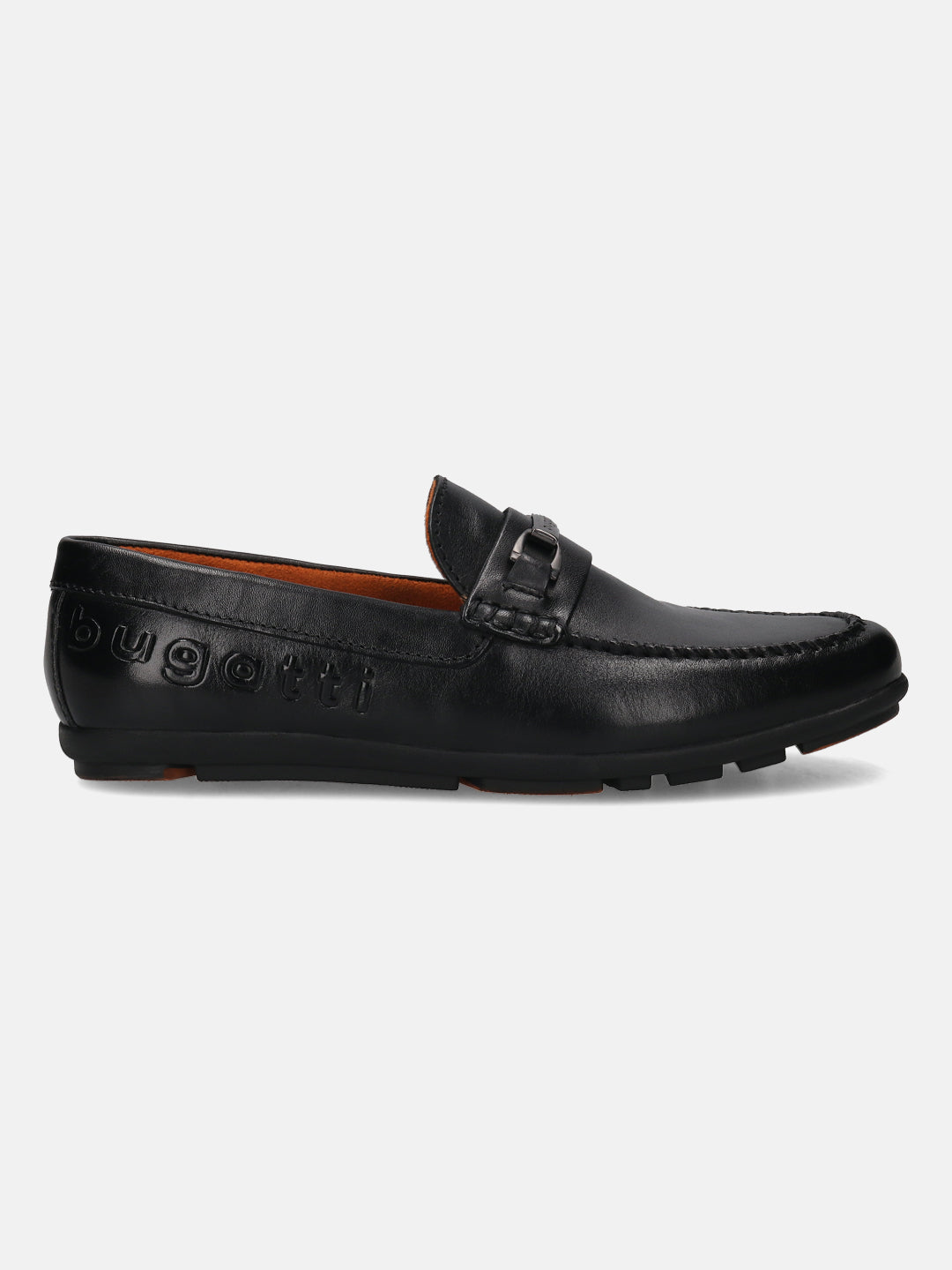 A black Men's bugatti Drivers featuring a round toe apron toe, zero heels heel. Made from premium genuine leather with a durable rubber outsole, this slip-on design offers both style and comfort.