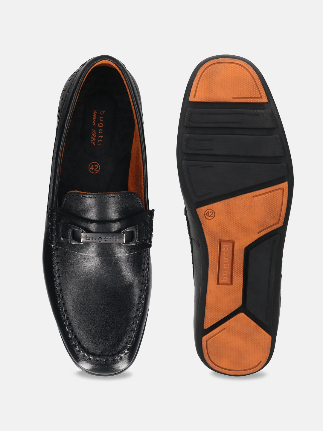 A black Men's bugatti Drivers featuring a round toe apron toe, zero heels heel. Made from premium genuine leather with a durable rubber outsole, this slip-on design offers both style and comfort.