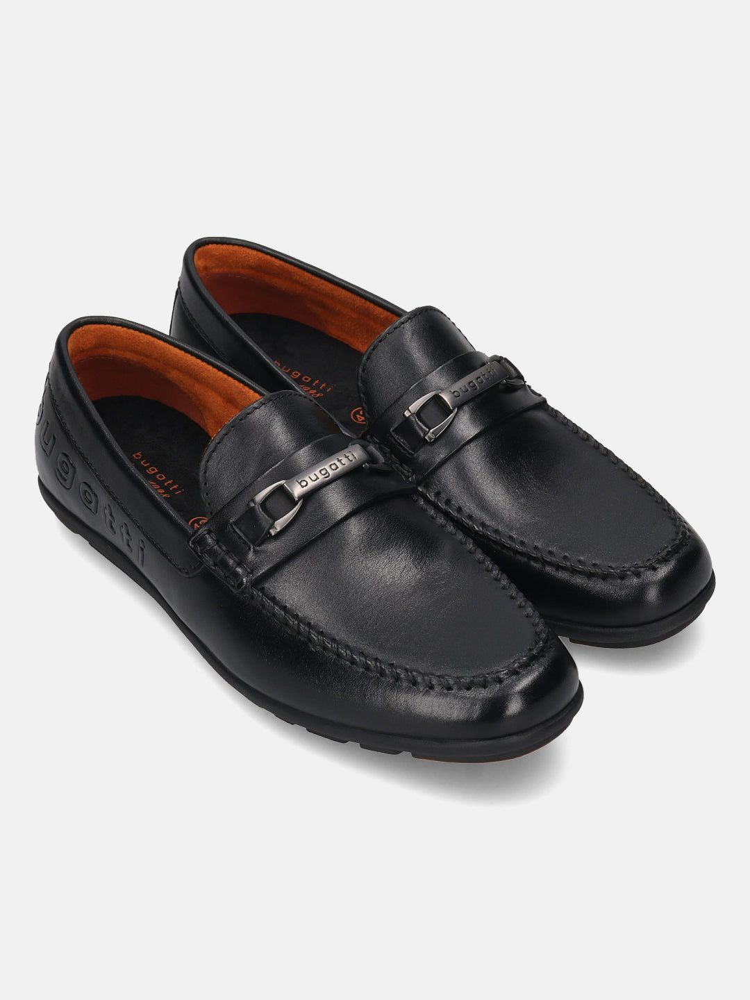 A black Men's bugatti Drivers featuring a round toe apron toe, zero heels heel. Made from premium genuine leather with a durable rubber outsole, this slip-on design offers both style and comfort.