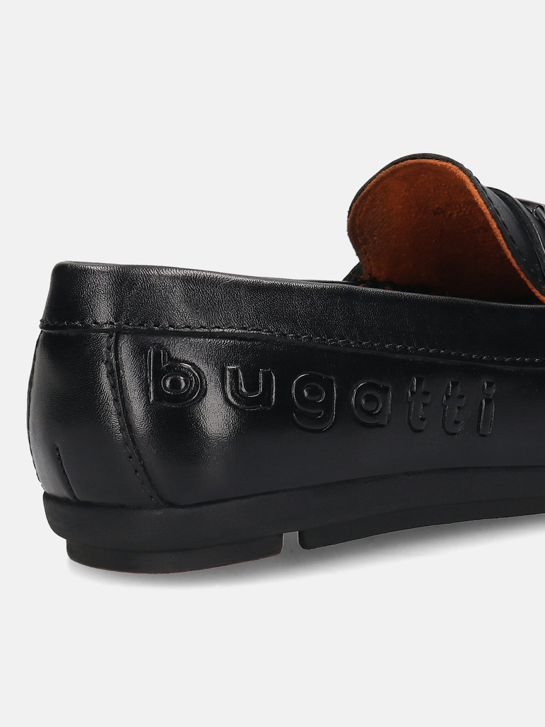 A black Men's bugatti Drivers featuring a round toe apron toe, zero heels heel. Made from premium genuine leather with a durable rubber outsole, this slip-on design offers both style and comfort.