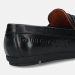 A black Men's bugatti Drivers featuring a round toe apron toe, zero heels heel. Made from premium genuine leather with a durable rubber outsole, this slip-on design offers both style and comfort.