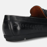 A black Men's bugatti Drivers featuring a round toe apron toe, zero heels heel. Made from premium genuine leather with a durable rubber outsole, this slip-on design offers both style and comfort.
