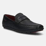 A black Men's bugatti Drivers featuring a round toe apron toe, zero heels heel. Made from premium genuine leather with a durable rubber outsole, this slip-on design offers both style and comfort.