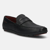 A black Men's bugatti Drivers featuring a round toe apron toe, zero heels heel. Made from premium genuine leather with a durable rubber outsole, this slip-on design offers both style and comfort.