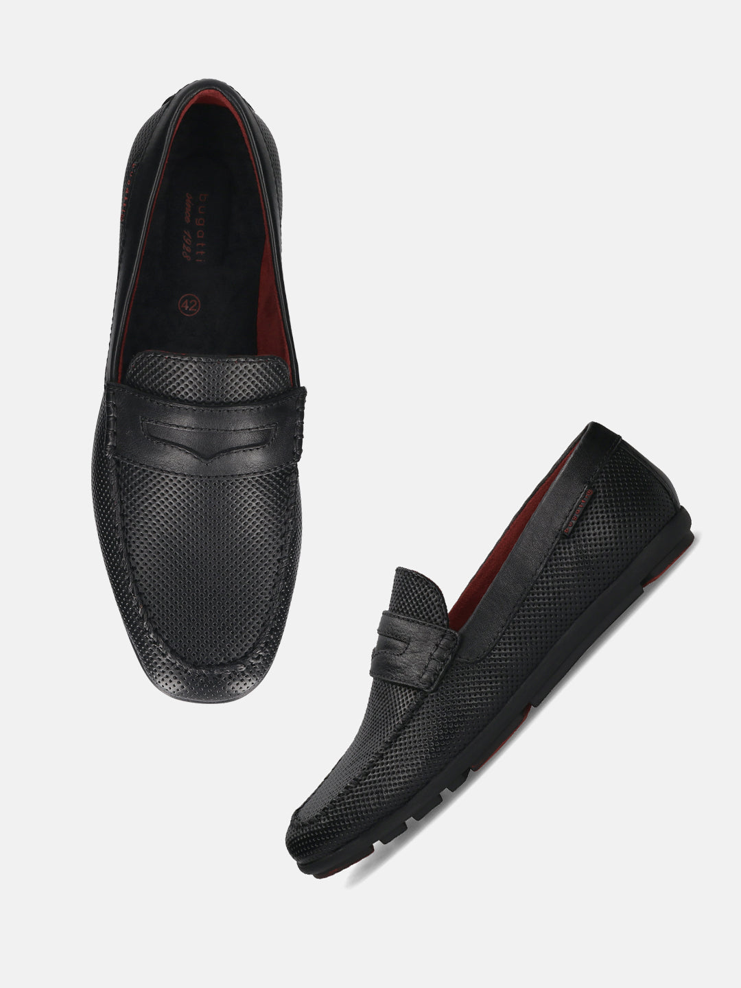 A black Men's bugatti Drivers featuring a round toe apron toe, zero heels heel. Made from premium genuine leather with a durable rubber outsole, this slip-on design offers both style and comfort.