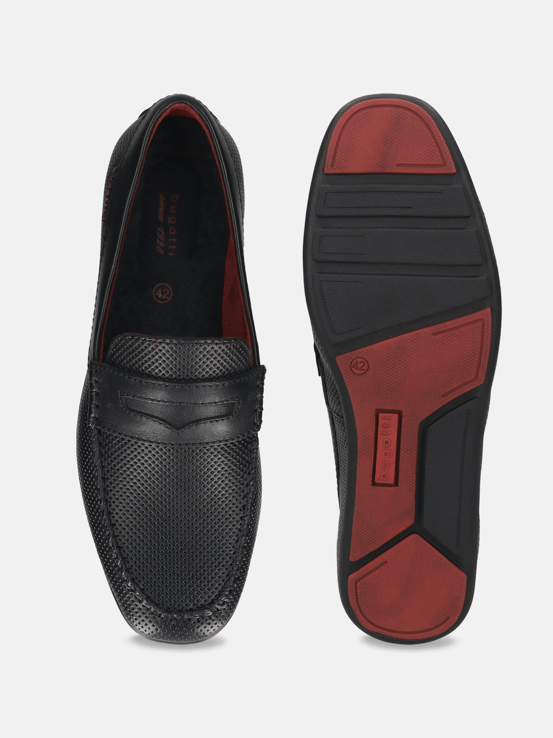A black Men's bugatti Drivers featuring a round toe apron toe, zero heels heel. Made from premium genuine leather with a durable rubber outsole, this slip-on design offers both style and comfort.