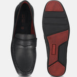 A black Men's bugatti Drivers featuring a round toe apron toe, zero heels heel. Made from premium genuine leather with a durable rubber outsole, this slip-on design offers both style and comfort.