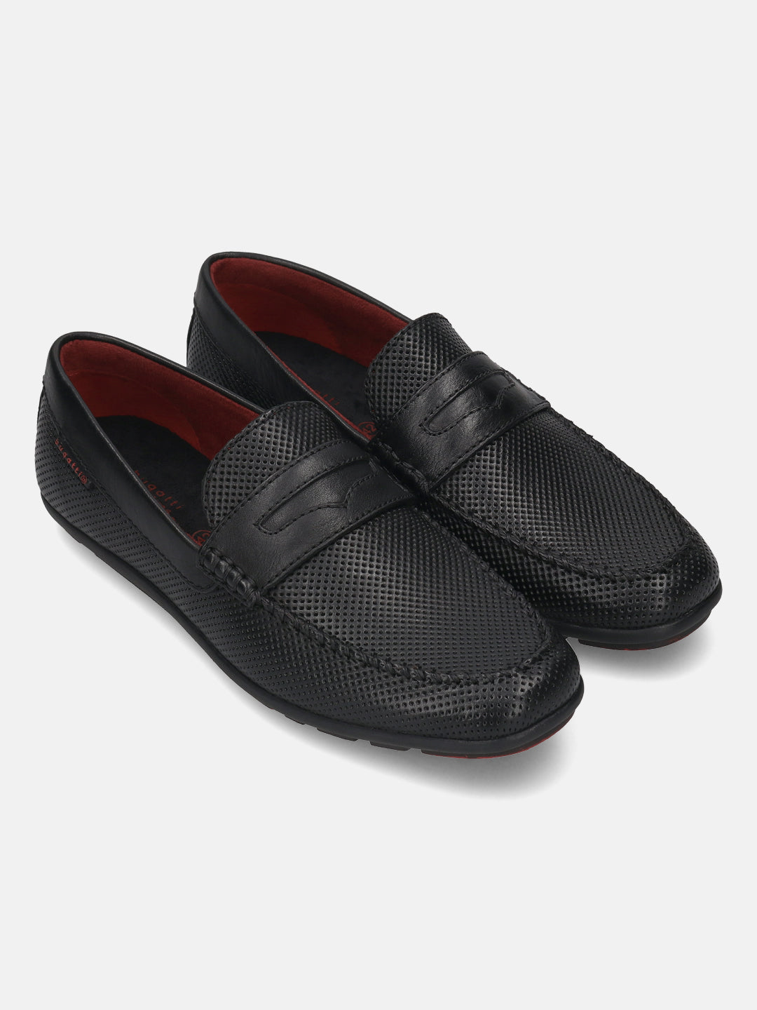 A black Men's bugatti Drivers featuring a round toe apron toe, zero heels heel. Made from premium genuine leather with a durable rubber outsole, this slip-on design offers both style and comfort.